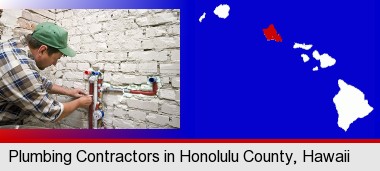 a plumbing contractor installing new water supply lines; Honolulu County highlighted in red on a map