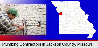 a plumbing contractor installing new water supply lines; Jackson County highlighted in red on a map