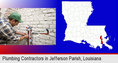 a plumbing contractor installing new water supply lines; Jefferson Parish highlighted in red on a map