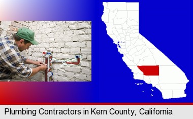 a plumbing contractor installing new water supply lines; Kern County highlighted in red on a map