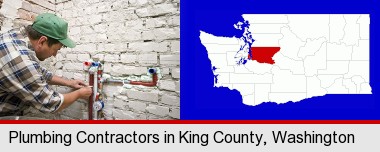 a plumbing contractor installing new water supply lines; King County highlighted in red on a map