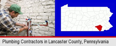 a plumbing contractor installing new water supply lines; Lancaster County highlighted in red on a map