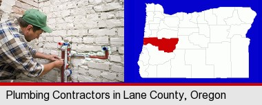 a plumbing contractor installing new water supply lines; Lane County highlighted in red on a map