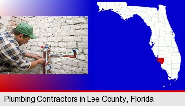a plumbing contractor installing new water supply lines; Lee County highlighted in red on a map