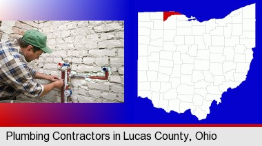 a plumbing contractor installing new water supply lines; Lucas County highlighted in red on a map