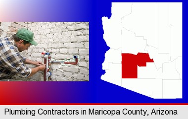 a plumbing contractor installing new water supply lines; Maricopa County highlighted in red on a map
