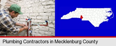 a plumbing contractor installing new water supply lines; Mecklenburg County highlighted in red on a map
