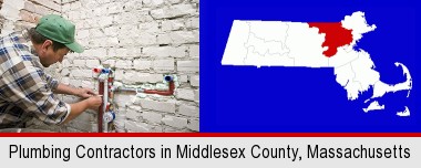 a plumbing contractor installing new water supply lines; Middlesex County highlighted in red on a map