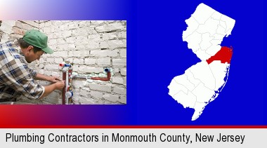 a plumbing contractor installing new water supply lines; Monmouth County highlighted in red on a map