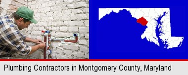a plumbing contractor installing new water supply lines; Montgomery County highlighted in red on a map