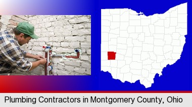 a plumbing contractor installing new water supply lines; Montgomery County highlighted in red on a map