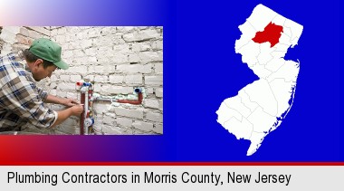 a plumbing contractor installing new water supply lines; Morris County highlighted in red on a map