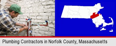 a plumbing contractor installing new water supply lines; Norfolk County highlighted in red on a map
