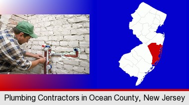 a plumbing contractor installing new water supply lines; Ocean County highlighted in red on a map