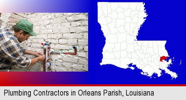 a plumbing contractor installing new water supply lines; Orleans Parish highlighted in red on a map