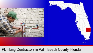 a plumbing contractor installing new water supply lines; Palm Beach County highlighted in red on a map