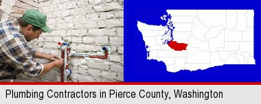 a plumbing contractor installing new water supply lines; Pierce County highlighted in red on a map