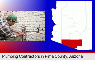 a plumbing contractor installing new water supply lines; Pima County highlighted in red on a map