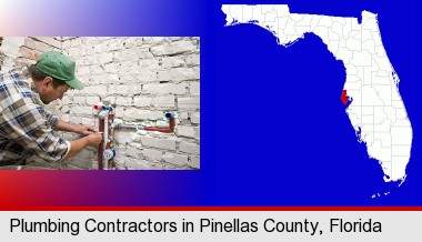 a plumbing contractor installing new water supply lines; Pinellas County highlighted in red on a map