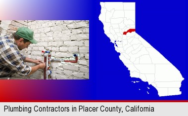 a plumbing contractor installing new water supply lines; Placer County highlighted in red on a map