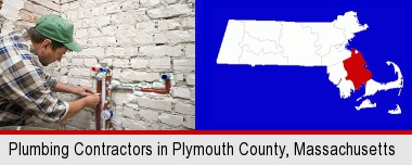 a plumbing contractor installing new water supply lines; Plymouth County highlighted in red on a map