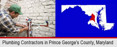 a plumbing contractor installing new water supply lines; Prince George's County highlighted in red on a map