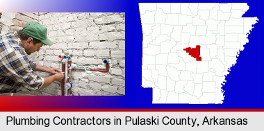 a plumbing contractor installing new water supply lines; Pulaski County highlighted in red on a map