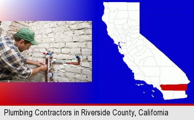 a plumbing contractor installing new water supply lines; Riverside County highlighted in red on a map
