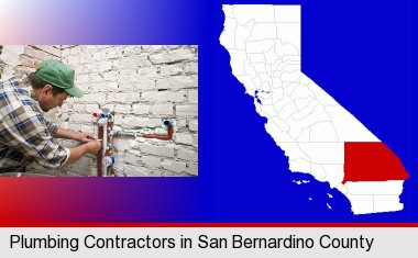 a plumbing contractor installing new water supply lines; San Bernardino County highlighted in red on a map