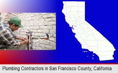 a plumbing contractor installing new water supply lines; San Francisco County highlighted in red on a map