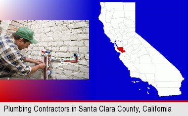 a plumbing contractor installing new water supply lines; Santa Clara County highlighted in red on a map