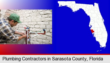 a plumbing contractor installing new water supply lines; Sarasota County highlighted in red on a map