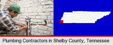 a plumbing contractor installing new water supply lines; Shelby County highlighted in red on a map