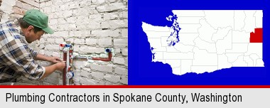 a plumbing contractor installing new water supply lines; Spokane County highlighted in red on a map