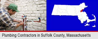 a plumbing contractor installing new water supply lines; Suffolk County highlighted in red on a map