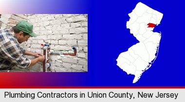 a plumbing contractor installing new water supply lines; Union County highlighted in red on a map