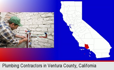 a plumbing contractor installing new water supply lines; Ventura County highlighted in red on a map