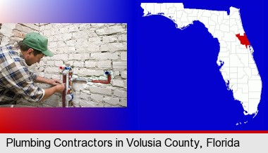 a plumbing contractor installing new water supply lines; Volusia County highlighted in red on a map