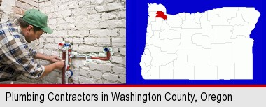 a plumbing contractor installing new water supply lines; Washington County highlighted in red on a map