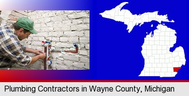 a plumbing contractor installing new water supply lines; Wayne County highlighted in red on a map