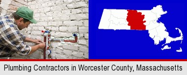a plumbing contractor installing new water supply lines; Worcester County highlighted in red on a map